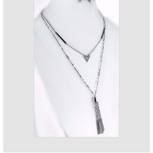 Silver Crystal Layered Chain Necklace Earrings Tassel Pendant Unique Jewelry Set